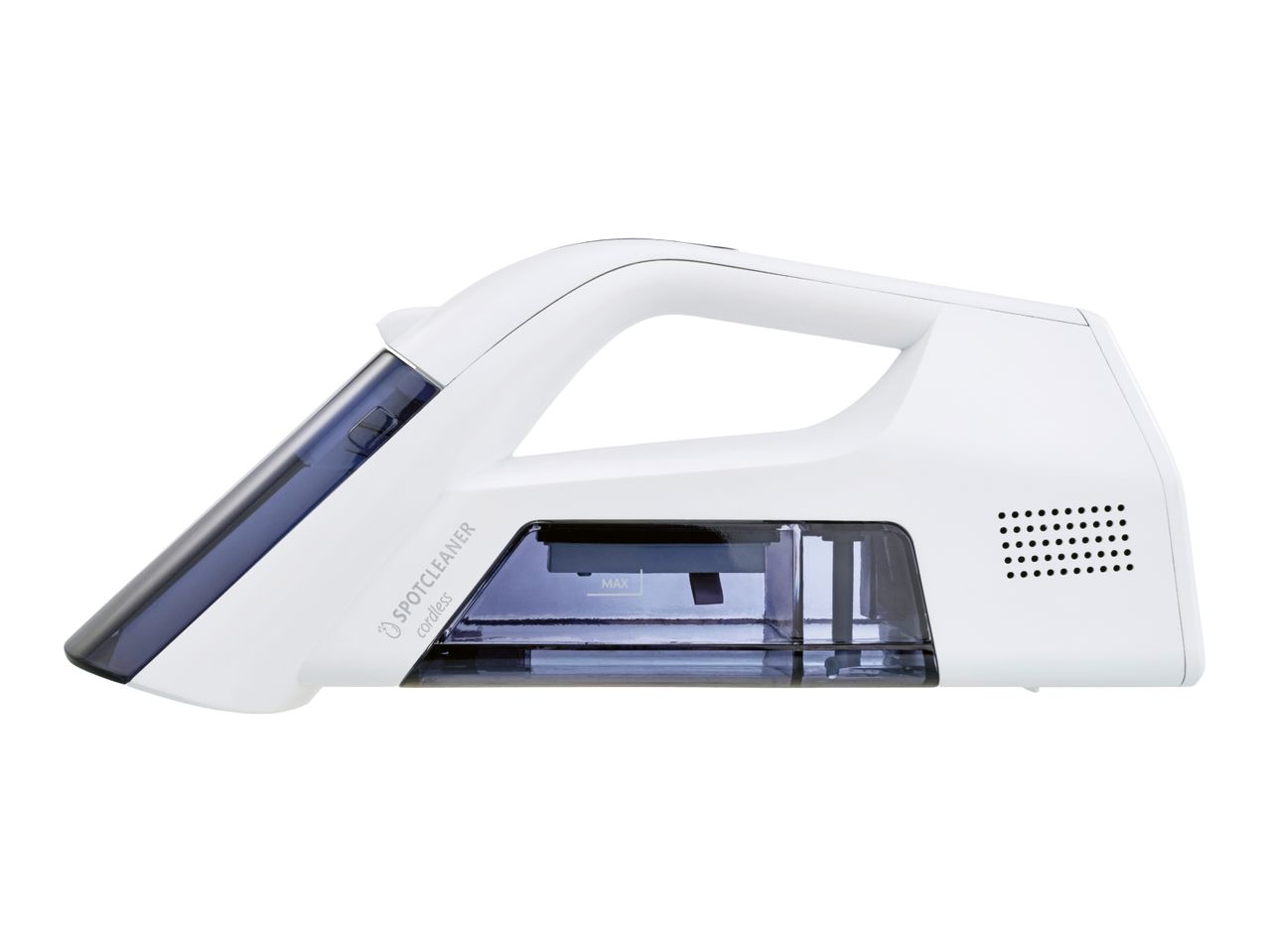 White cordless spot cleaner with a dark transparent water tank and a handle.