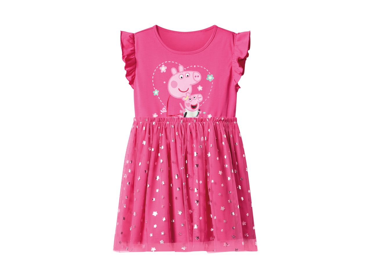 Pink girls' dress with Peppa Pig and George Pig graphic, ruffled sleeves, and a glittery tulle skirt.