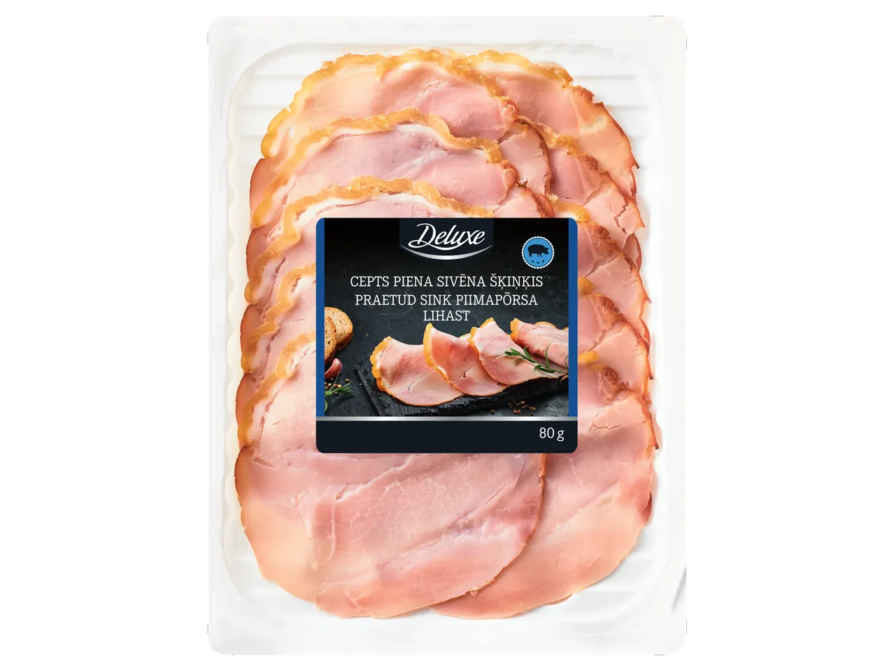 DELUXE cepta piena sivēna šķiņķa šķēlītes iepakojumā, 80g