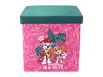 Pink storage ottoman with a teal lid, featuring cartoon dog characters Marshall and Skye.
