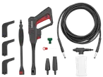 High-pressure cleaner with various nozzles, hose, and detergent bottle, on a black background.
