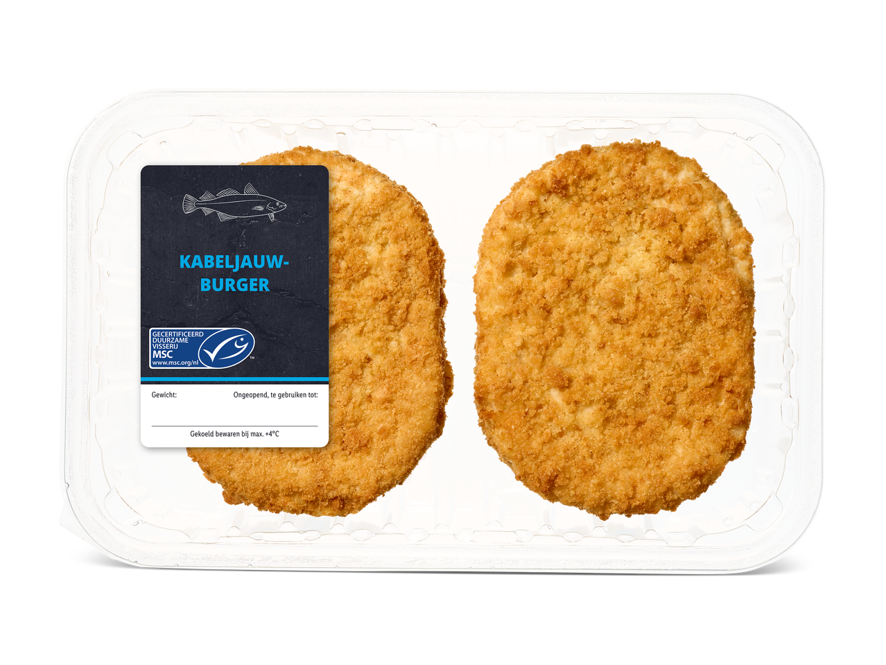 Twee gepaneerde kabeljauwburgers in een plastic verpakking met een etiket.