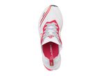 White and red athletic shoe with black and white laces, viewed from above.