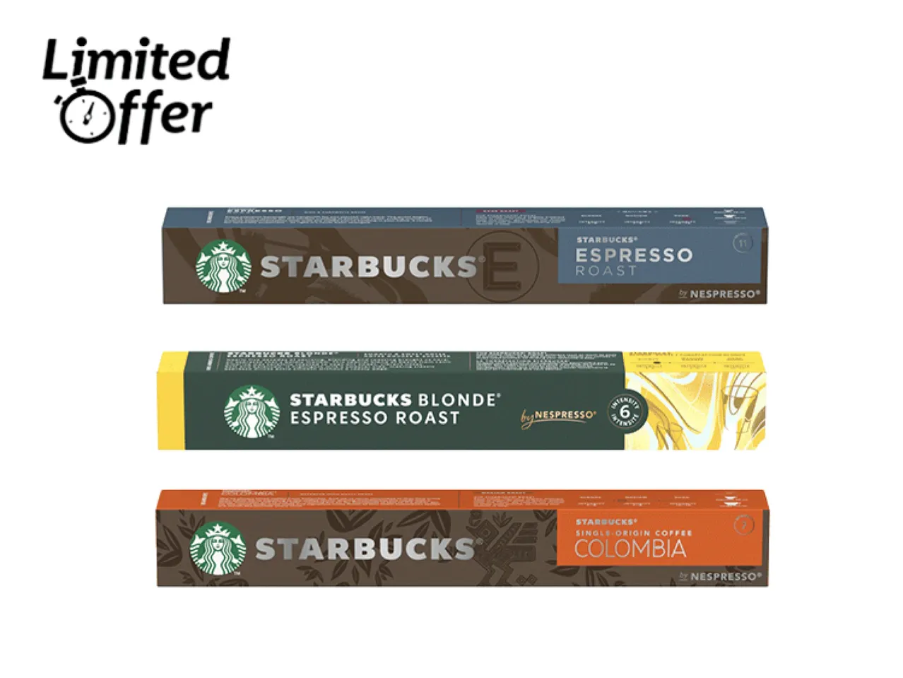 Limited offer on Starbucks Nespresso pods: Espresso Roast, Blonde Espresso Roast, and Colombia.