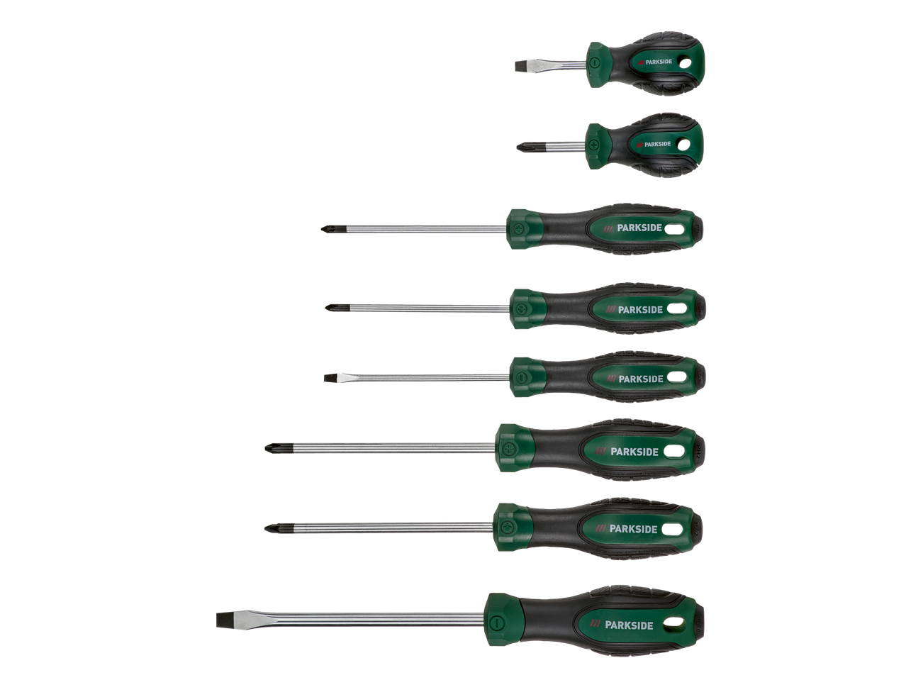 A set of eight Parkside screwdrivers with various head types.