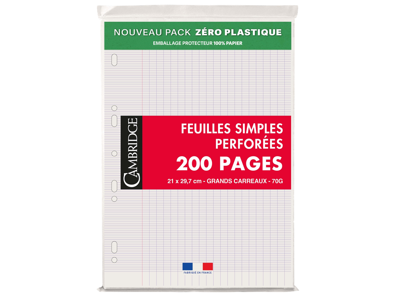 Paquet de 200 feuilles simples perforées, grands carreaux, 21x29,7 cm, 70g, emballage zéro plastique.