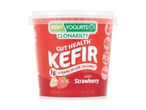 Red tub of strawberry kefir with 16 strains of live cultures, 0% fat, high in protein, and a source of calcium.