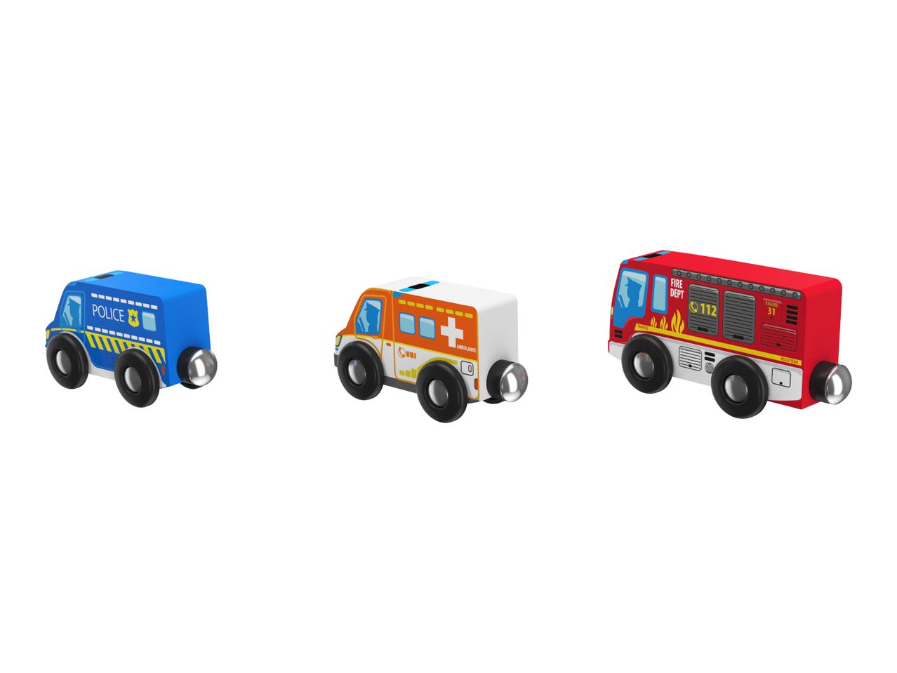 Wooden toy vehicles: blue police car, orange ambulance, and red fire truck.