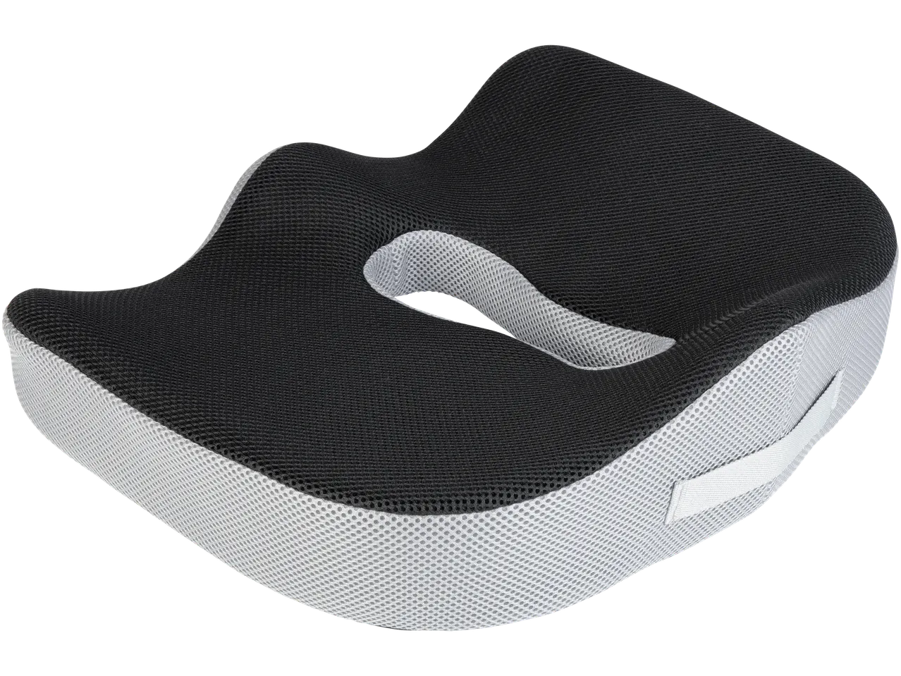 A gray and black mesh coccyx cushion with a cutout for pressure relief.