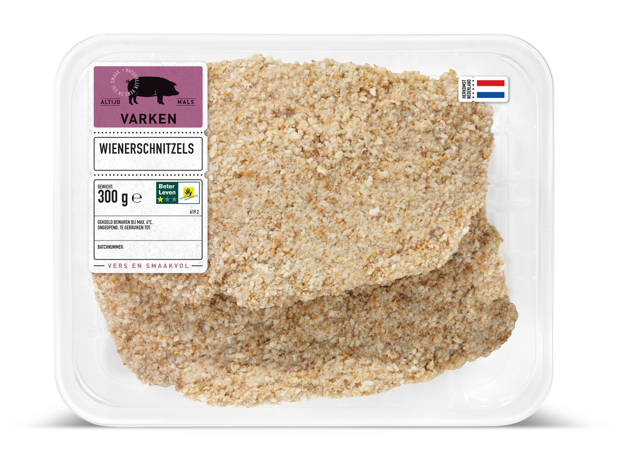 Verpakking met twee gepaneerde varkenswienerschnitzels, 300g, met Beter Leven keurmerk.