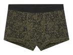 Olive green men's boxer briefs with a black waistband and graffiti-style print.
