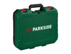 A green Parkside tool case with a black handle and red latches.