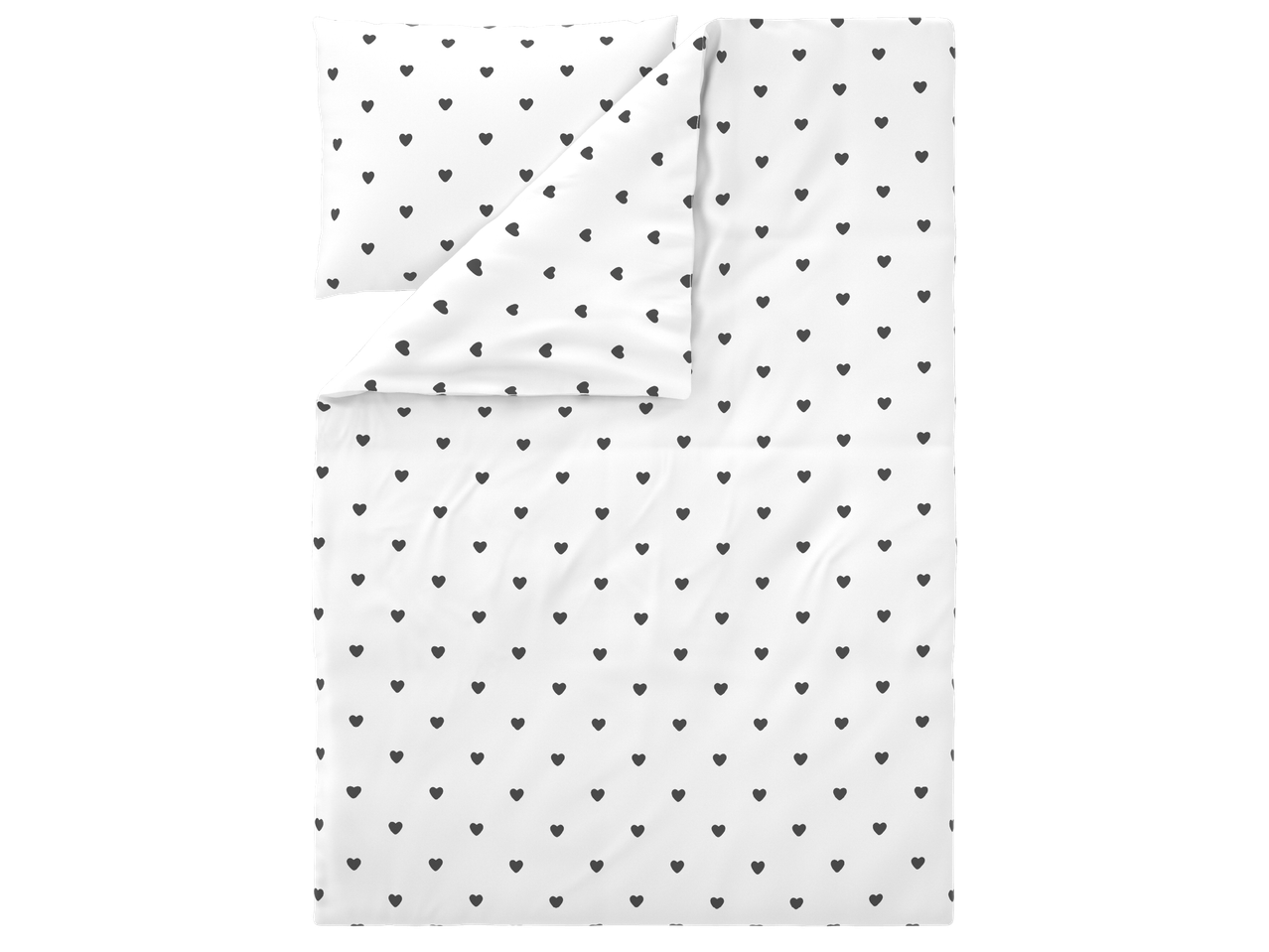 Комплект спално бельо с десен на черни сърца, включващ калъфка за възглавница и плик за завивка.