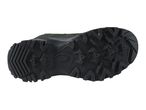 Bottom view of a black hiking shoe with a rugged sole pattern