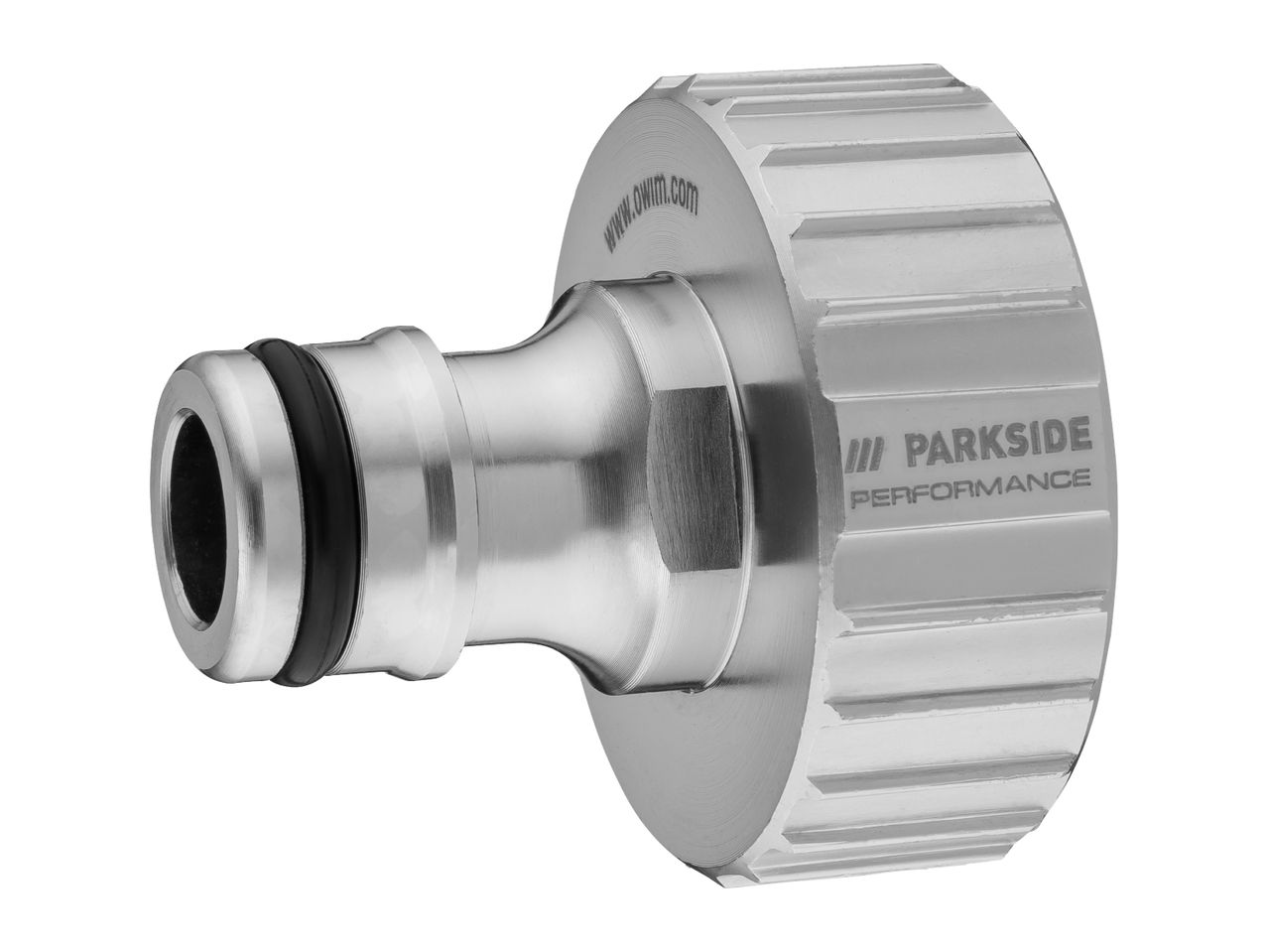 Silver metal garden hose connector with black O-rings and ribbed grip.