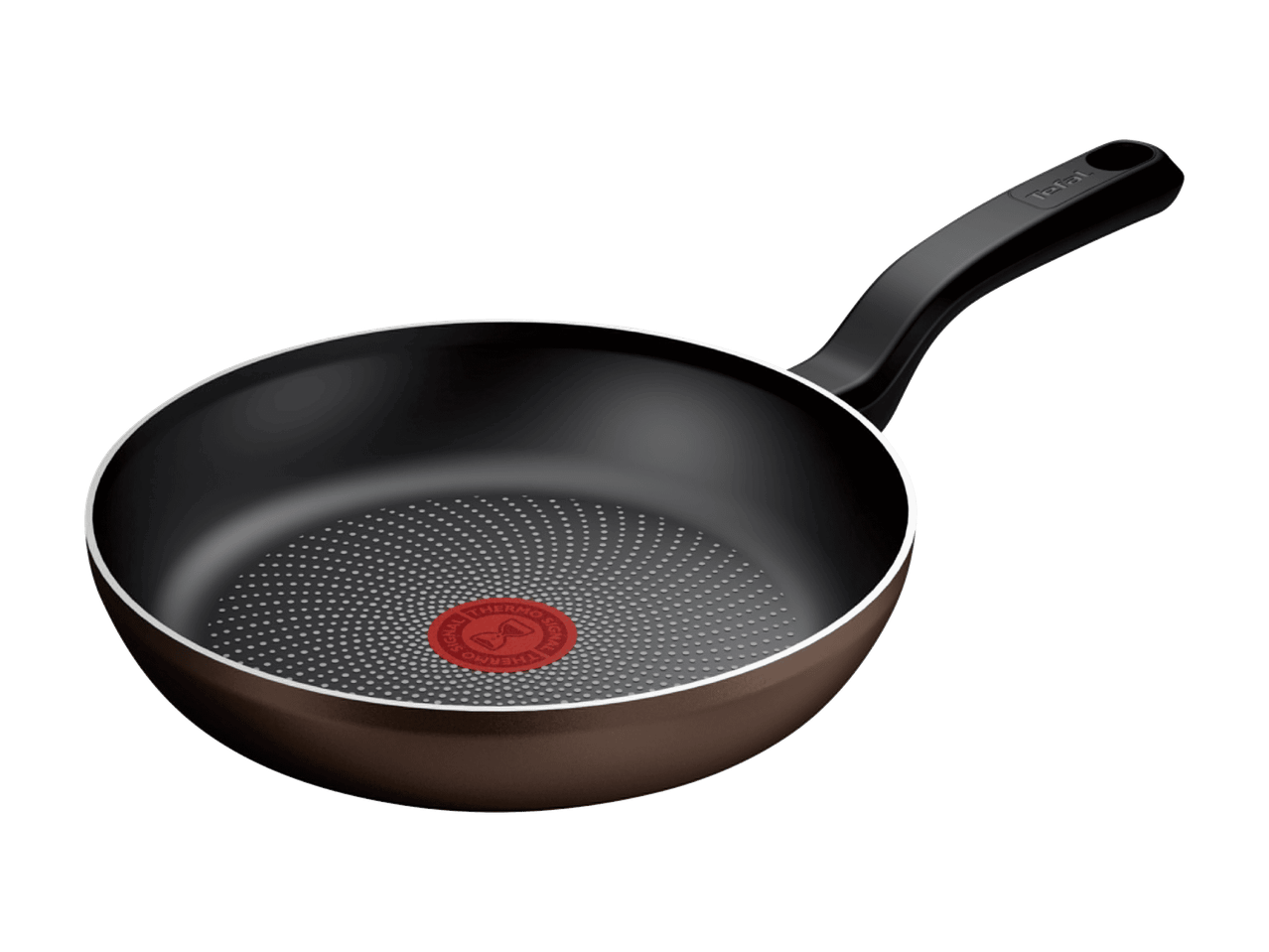 Tefal-paistinpannu, jossa on ruskea ulkopinta ja musta tarttumaton sisäpinta, jossa on punainen Thermo-Signal-lämpötunnistin.