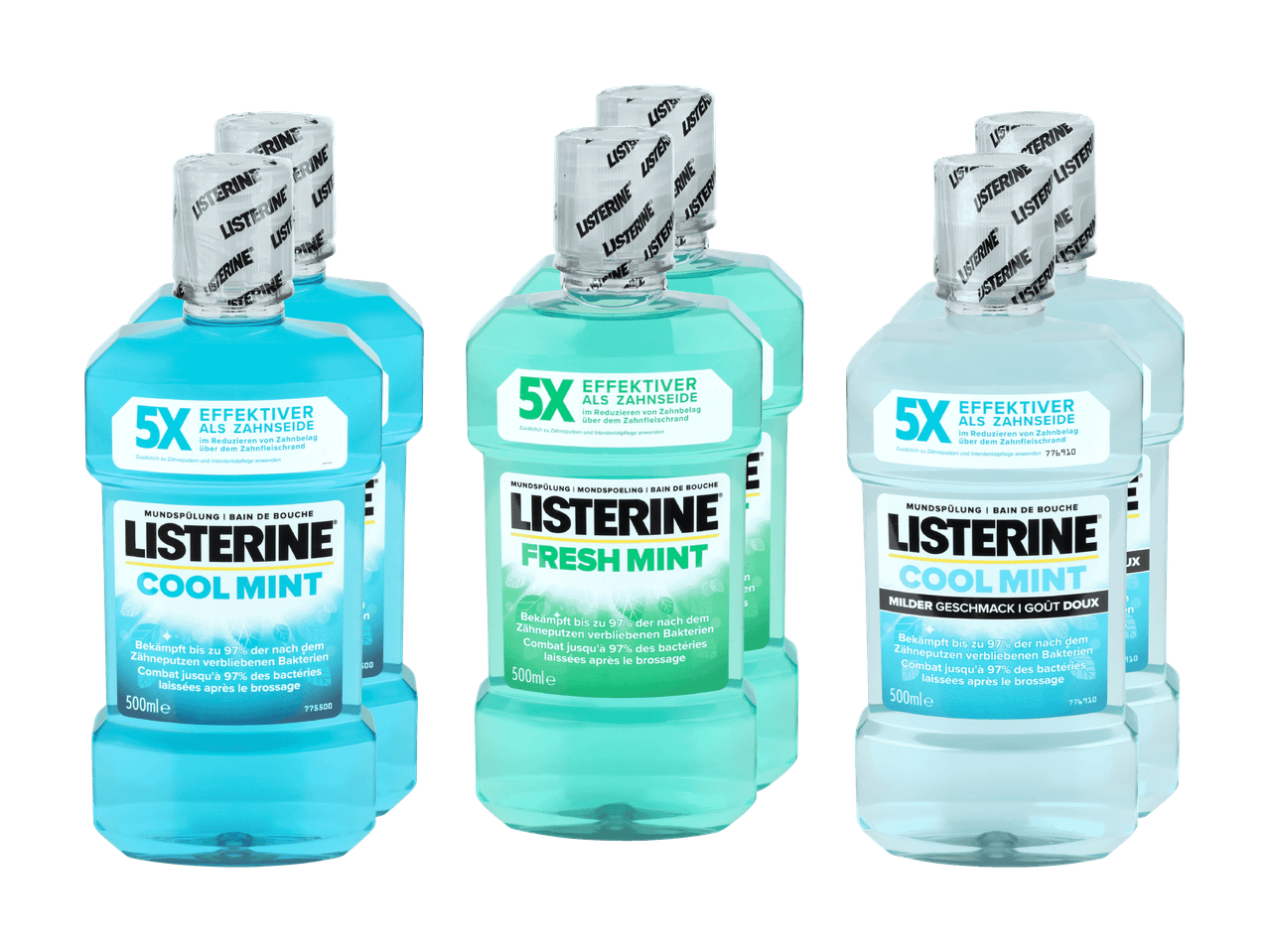Trois bouteilles de bain de bouche Listerine, deux Cool Mint et une Fresh Mint.