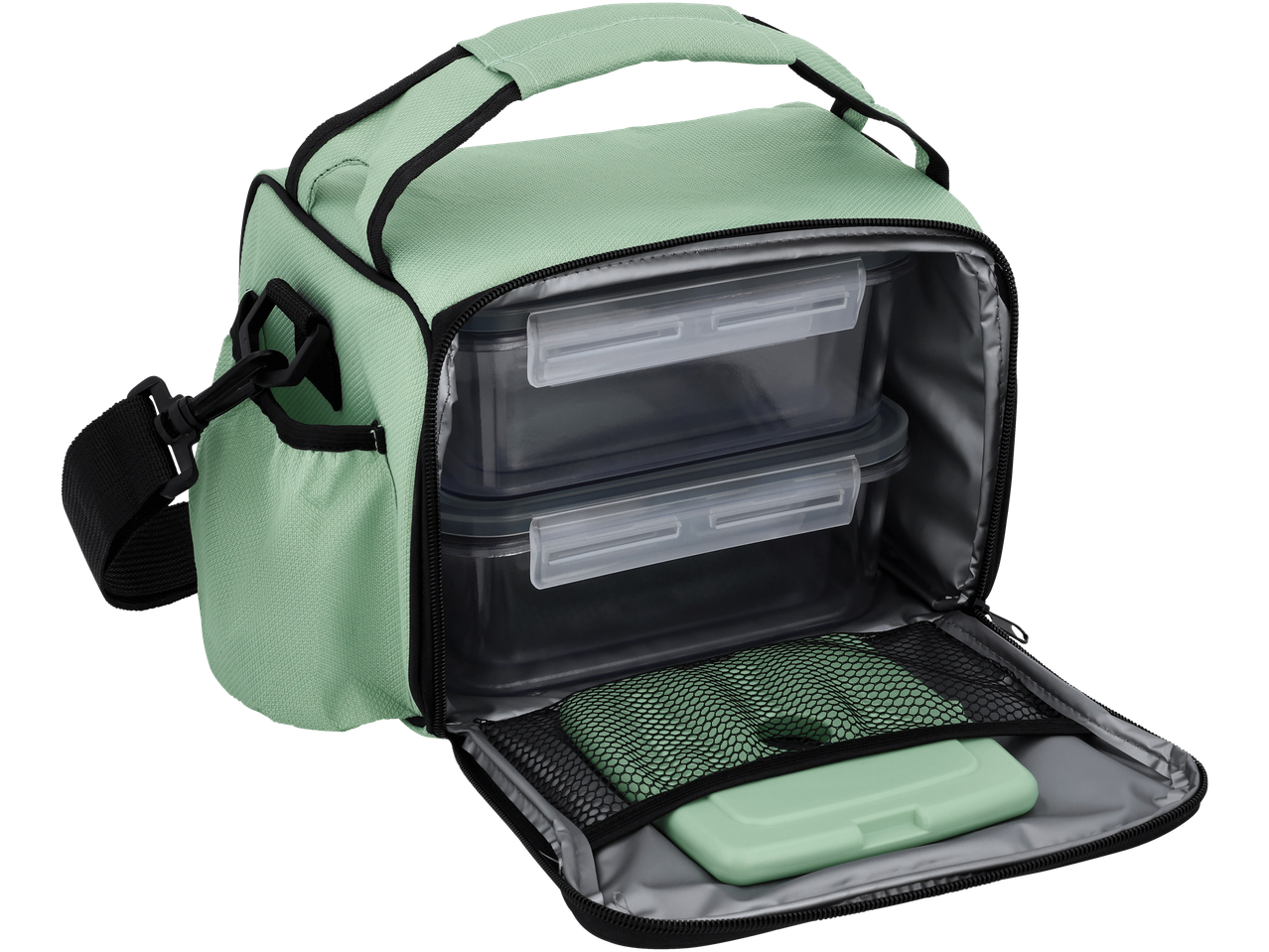 Silvercrest® pietų krepšys su dviem maisto indais ir maža dėžute.