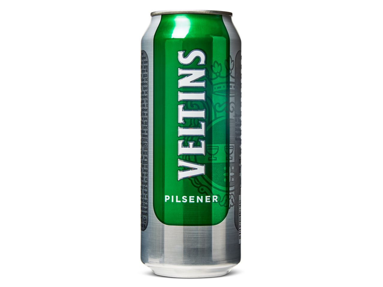 Een groen-zilveren Veltins Pilsener bierblik met tekst aan de zijkant.