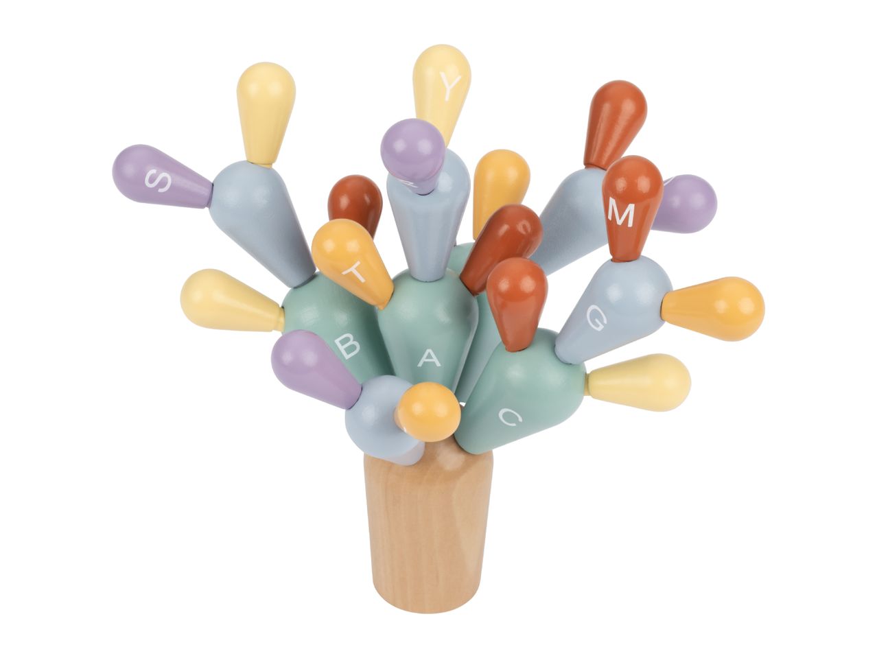 Wooden cactus-shaped stacking toy with colorful pieces featuring letters like S, Y, M, T, B, A, G, C.
