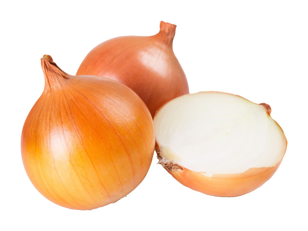 Two whole onions and one half onion with light brown skin and white flesh.