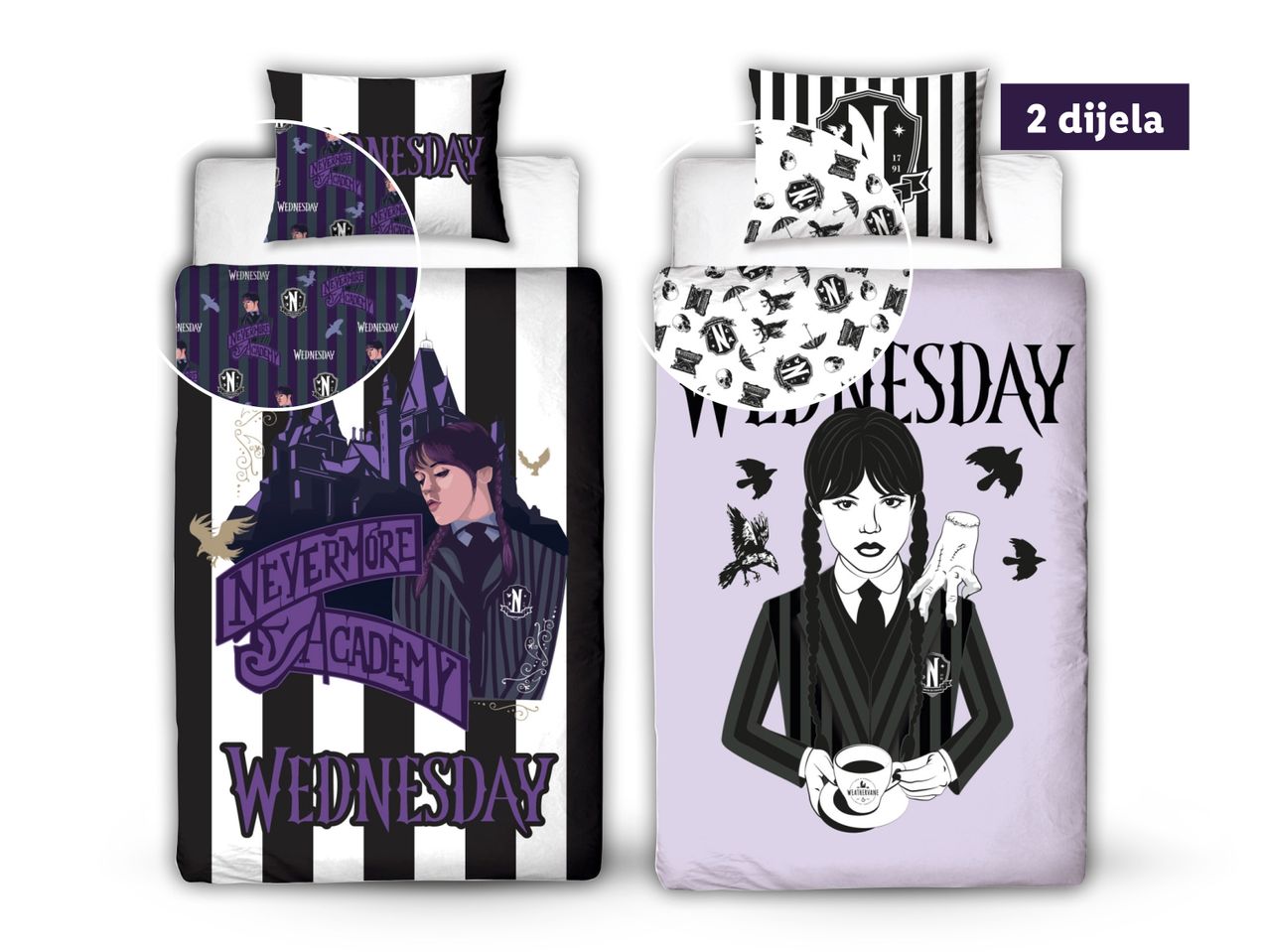 Posteljina s motivom Wednesday Addams iz serije Netflix.