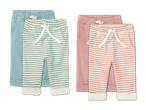 Zwei Paar Baby-Jogginghosen, eine in Mintgrün-Weiß gestreift und eine in Rosa-Weiß gestreift.