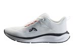 White athletic shoe with black sole and orange accents