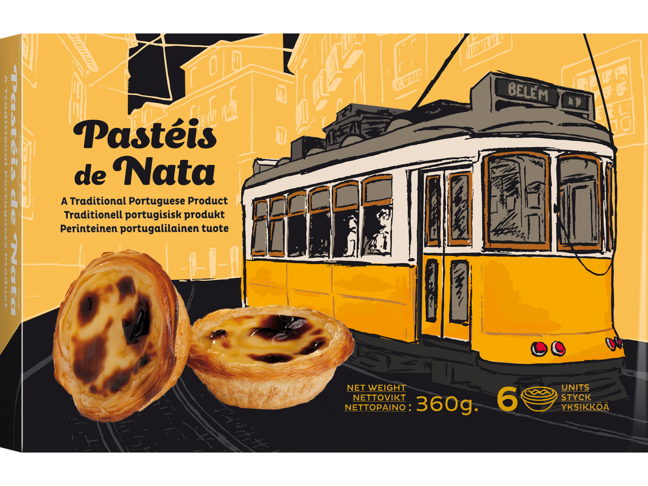 Två Pasteis de Nata bakverk i förpackning med en spårvagn på.