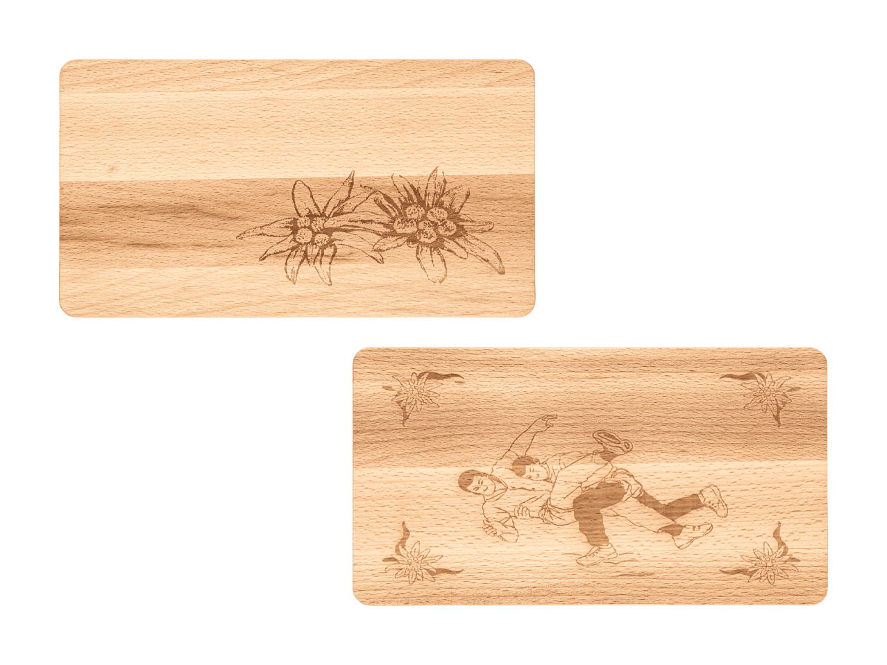 Zwei Holzschneidebretter mit gravierten Motiven: Edelweiß und Ringer.