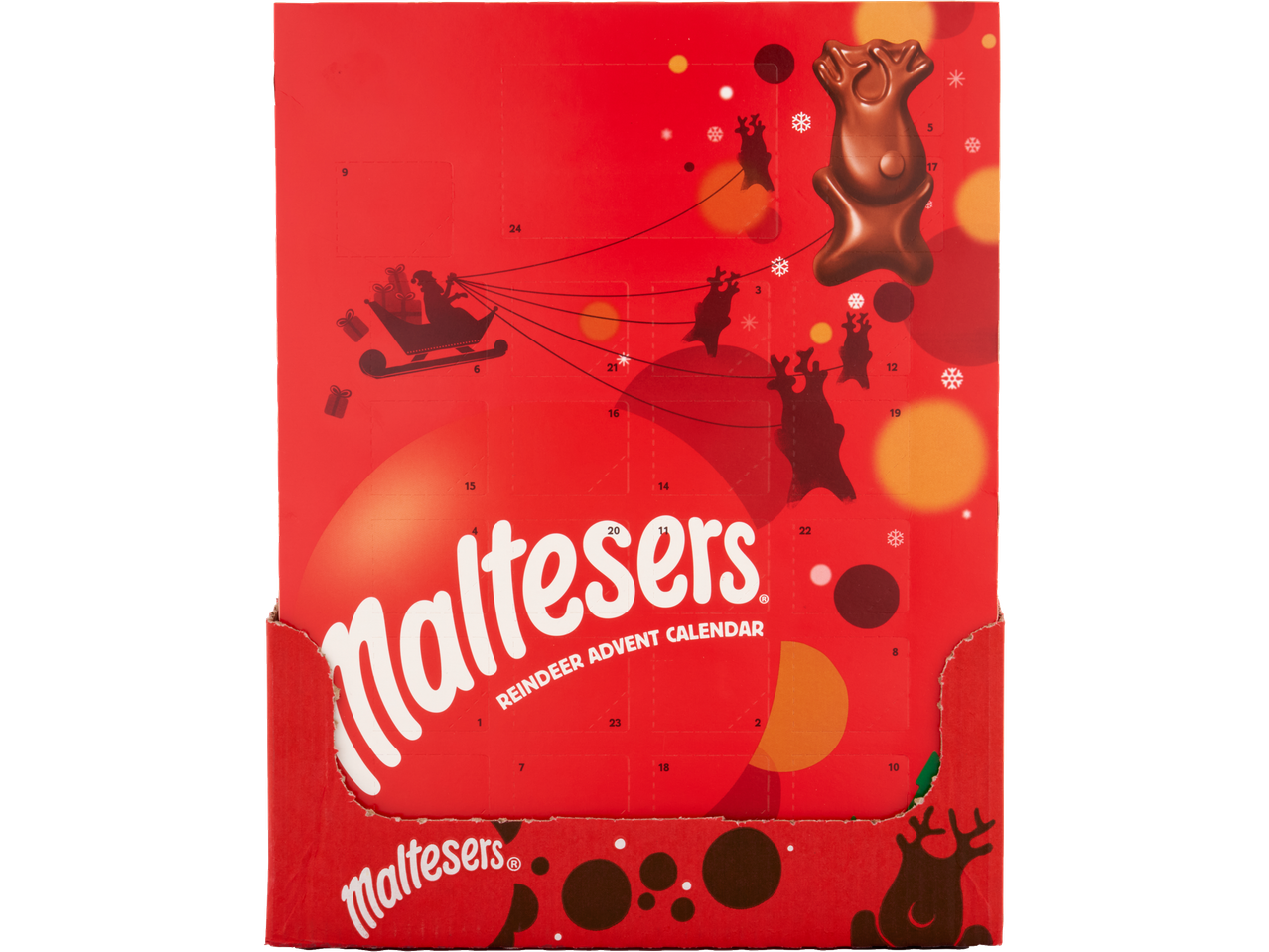 Maltesers Reindeer Advent Calendar with a chocolate reindeer and Santa's sleigh.