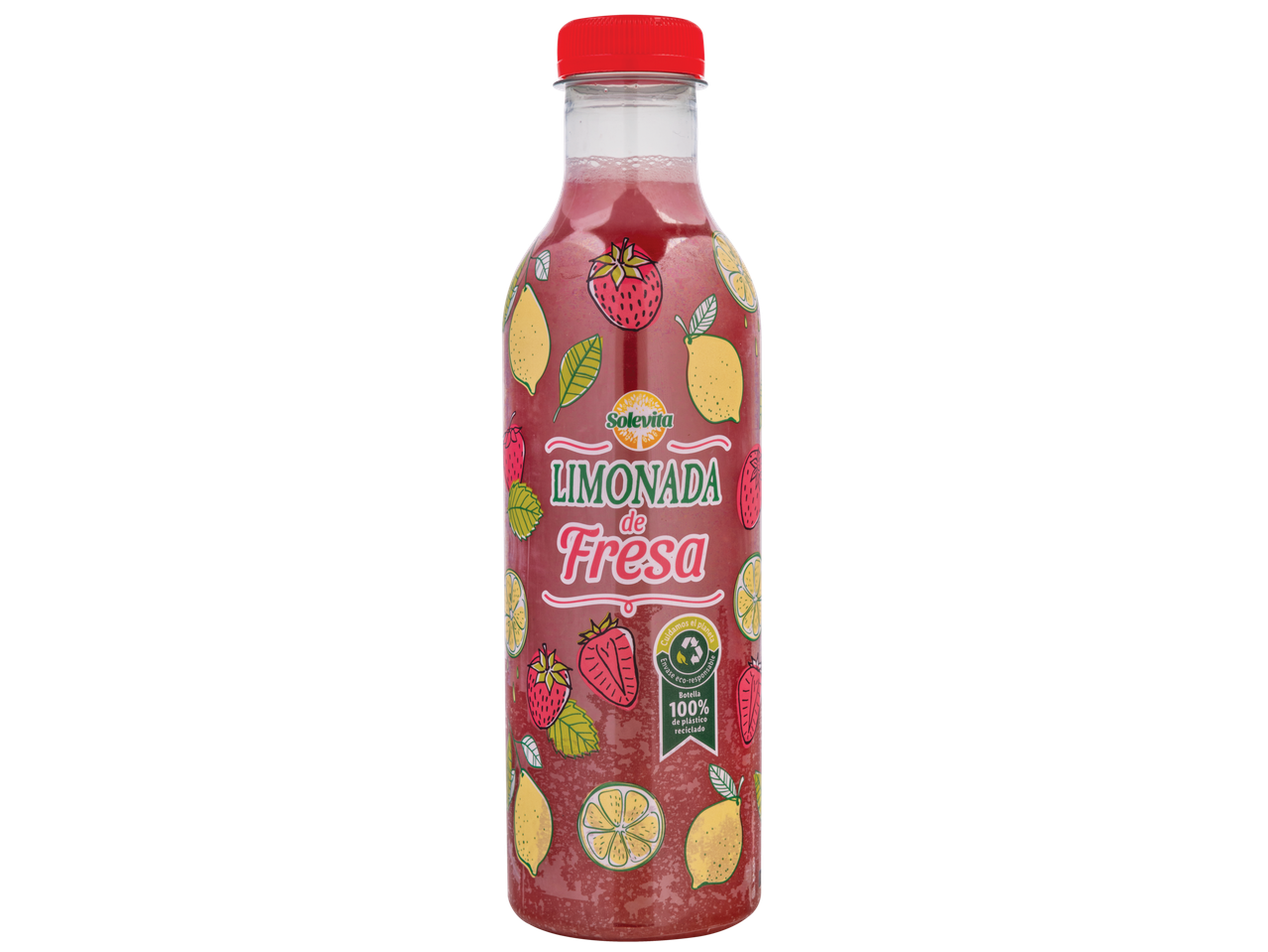 Limonada de morango Solevita em garrafa de plástico 100% reciclado.
