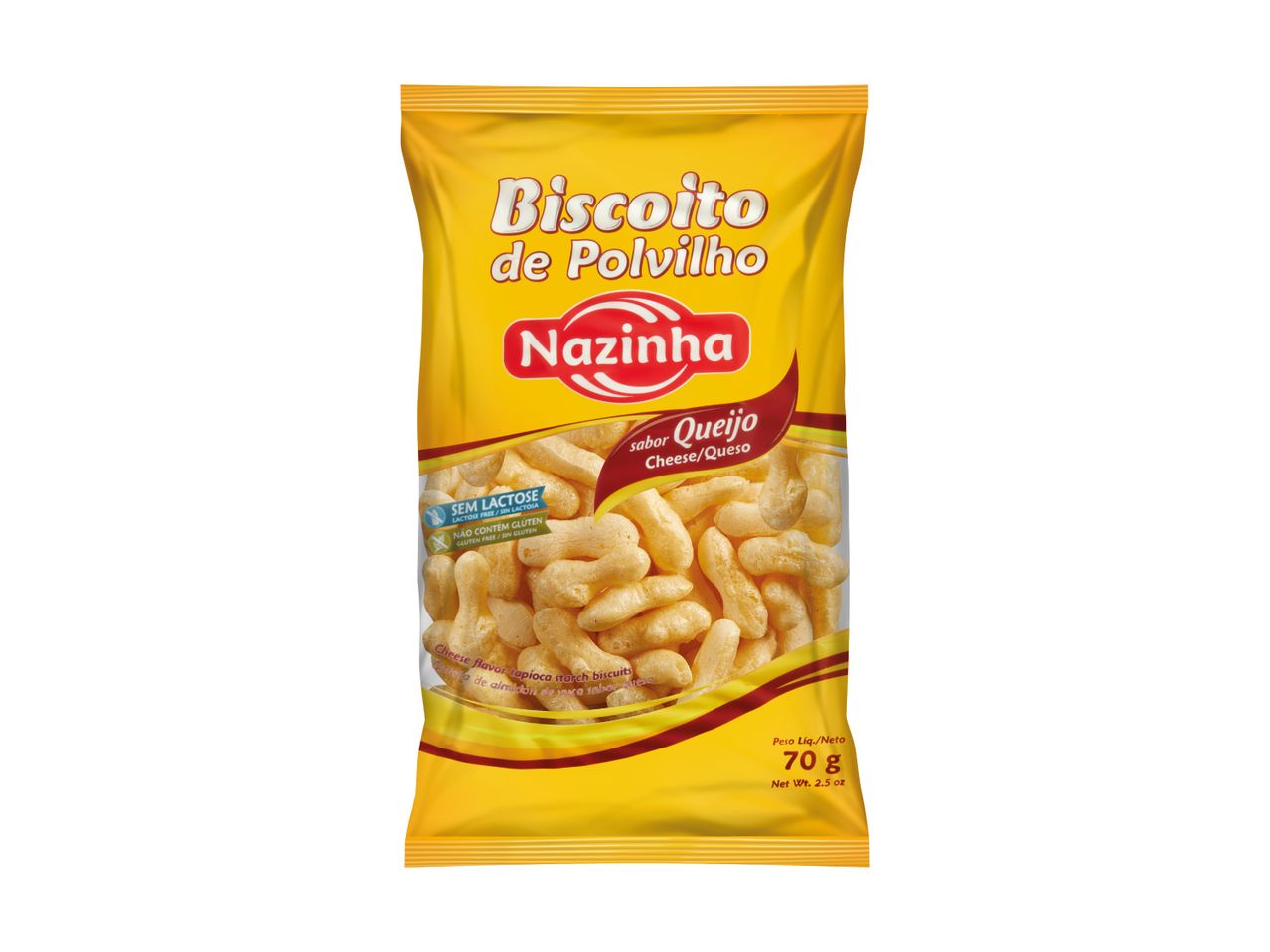 Yellow bag of cheese-flavored tapioca starch biscuits, labeled lactose-free and gluten-free.