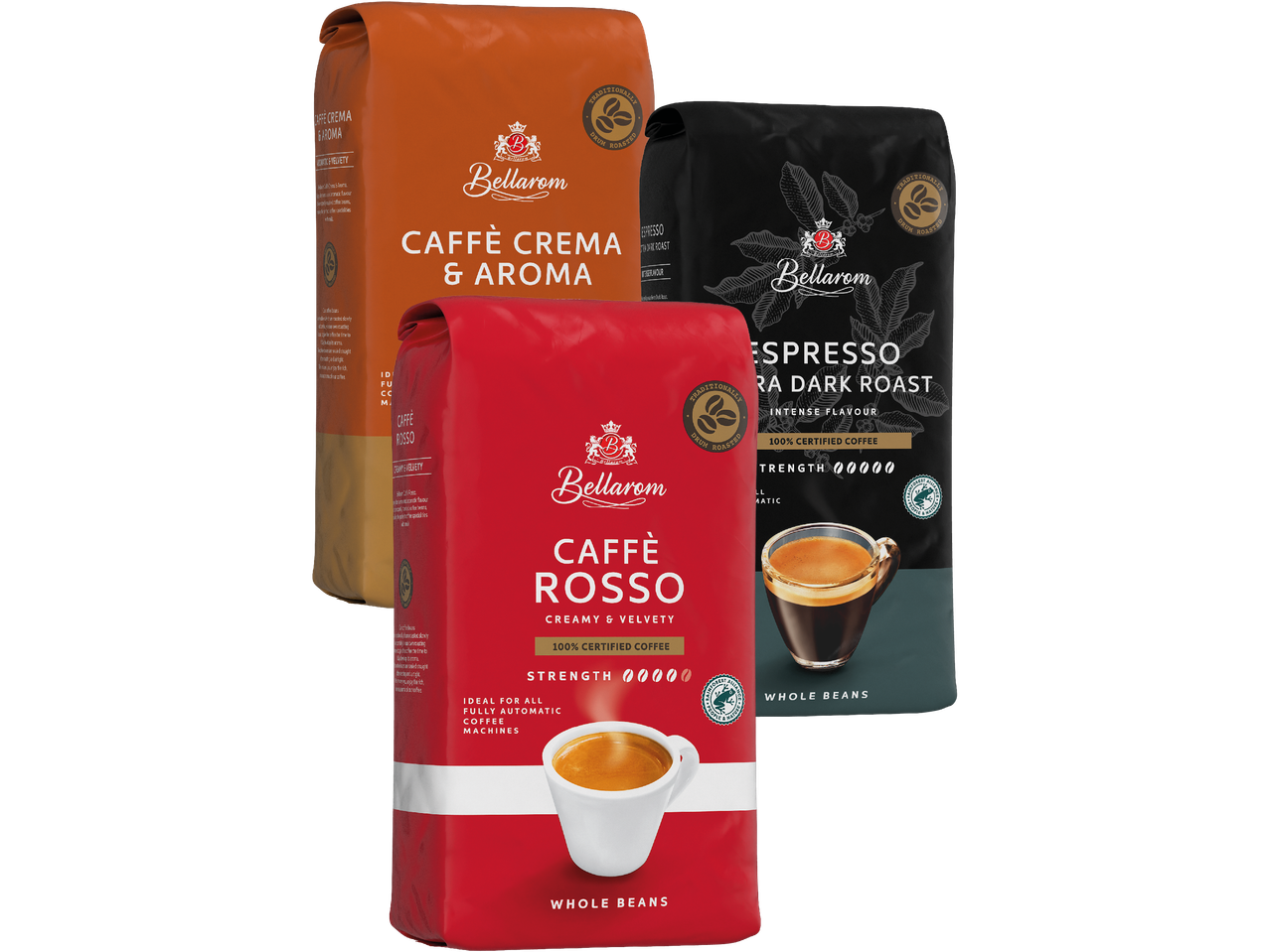 Tre påsar Bellarom kaffe: Caffè Crema & Aroma, Caffè Rosso och Espresso Extra Dark Roast.