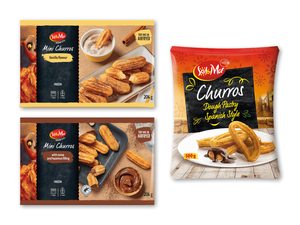 Tre pakker churros: to mini-churros med vanilje- og kakao-/hasselnødfyld og en større pakke churros.