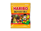 En gul pose med blandet slik, herunder lakrids og vingummi, med teksten 'Share size' og 'Luk op for noget godt ... luk op for Haribo!'.