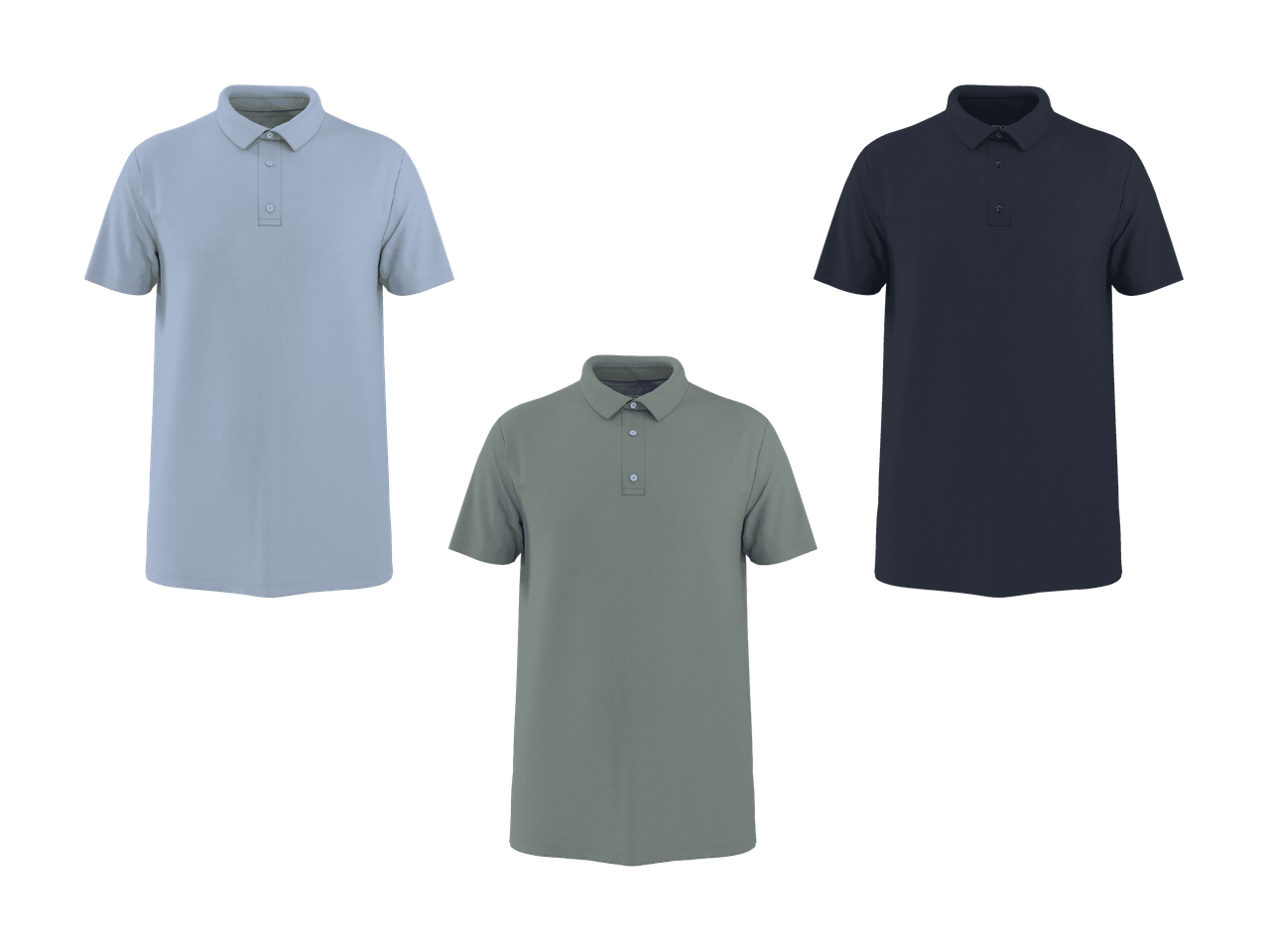 Drei Herren-Poloshirts in Hellblau, Khakigrün und Marineblau.