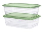 Two rectangular clear food storage containers with light green lids, stacked on top of each other.