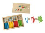 Wooden math counting sticks and number blocks set with a guide board.
