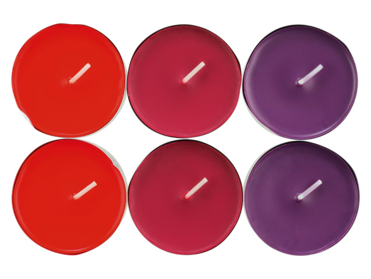 Six colorful tea light candles in red, magenta, and purple.