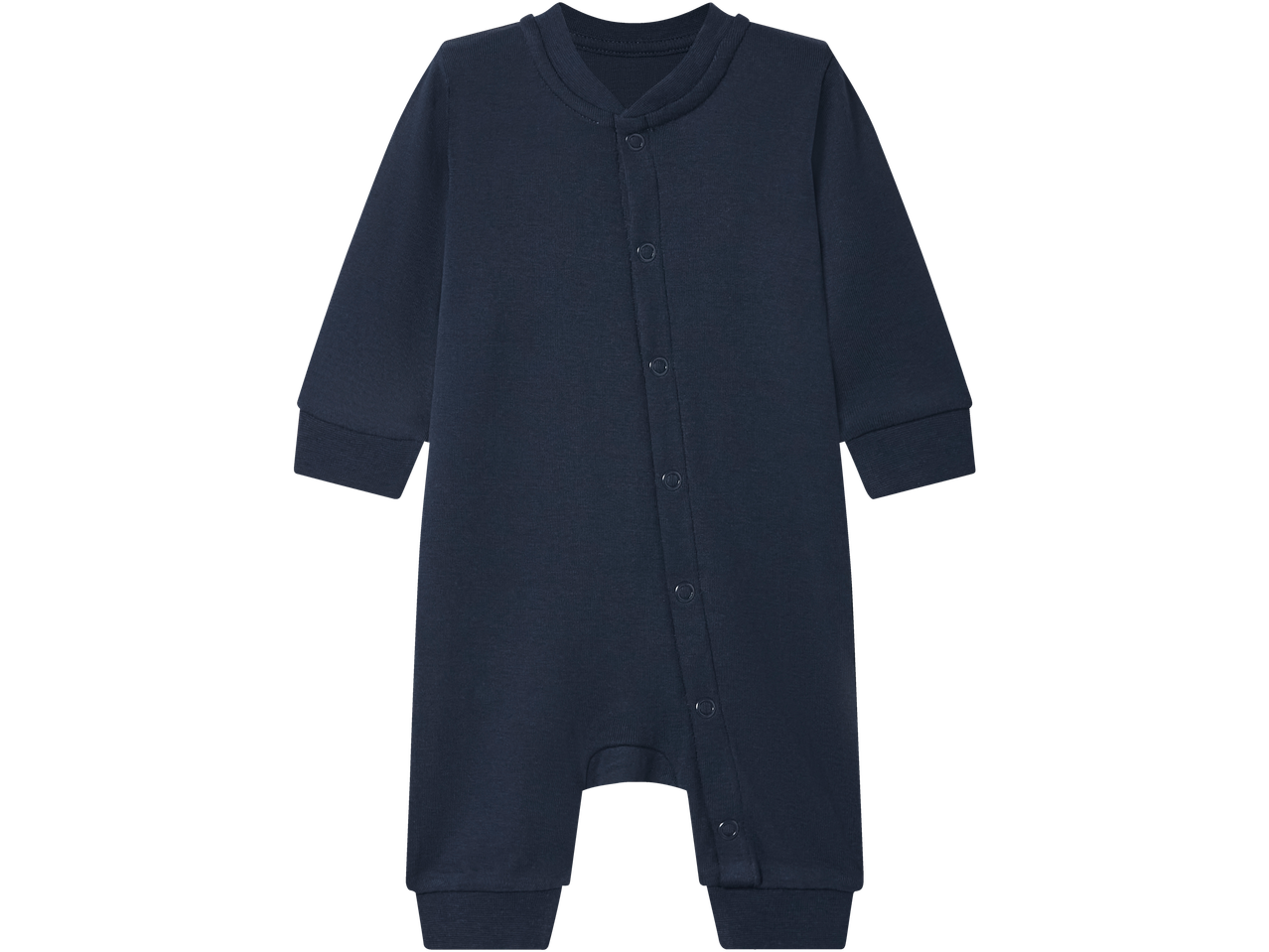 Donkerblauwe baby slaapzak met lange mouwen en drukknopen.