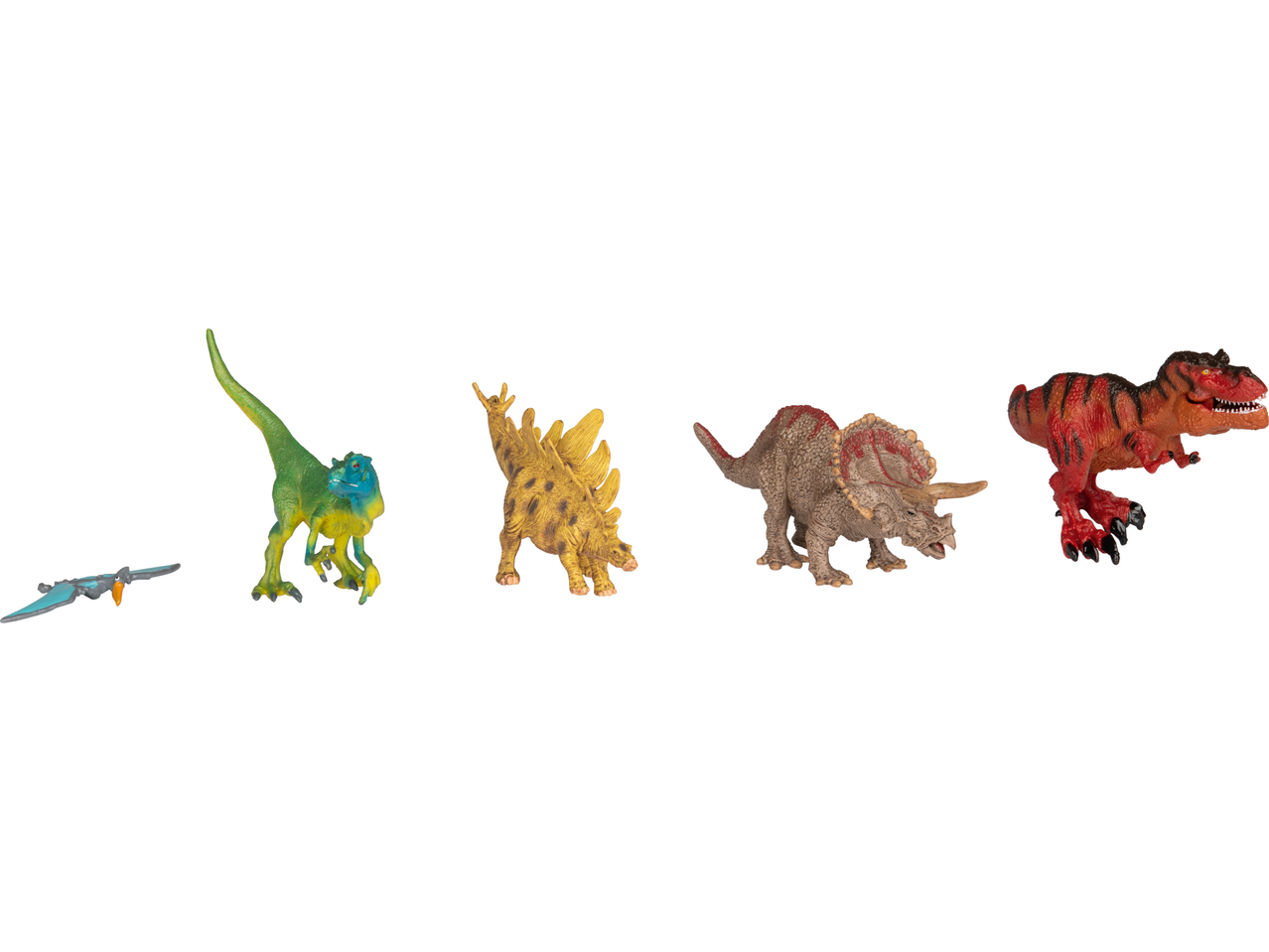 Set de 5 jucării dinozauri: pterodactil, velociraptor, stegosaur, triceratops și tiranozaur