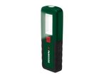 Green and black work light with a red power button