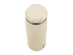 Cream-colored travel mug with a gray band and a small logo at the bottom.