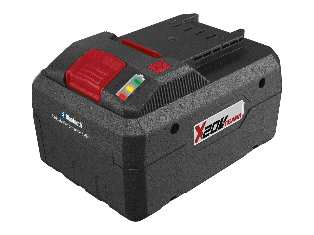 Batterie d'outil électrique noire avec indicateur de charge et logo Bluetooth.