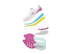 Exploded view of a white and pink athletic shoe, showing its various layers and components.