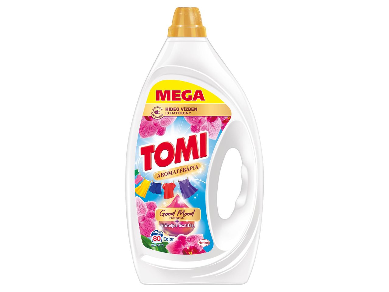 Tomi folyékony mosószer Good Mood Aromaterápia illattal, hideg vízben is hatékony.