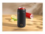 Black insulated can cooler with a red soda can, lemon slices, and mint on a wooden table.
