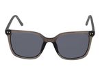 Grey sunglasses with dark lenses on a white background.