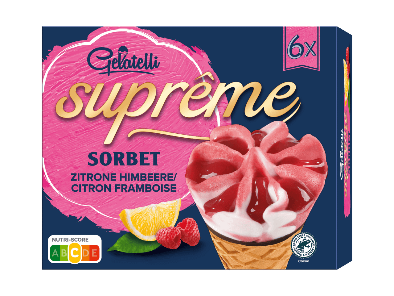 Packung mit Himbeer-Zitronen-Sorbet-Waffeln, Nutri-Score C, 6 Stück